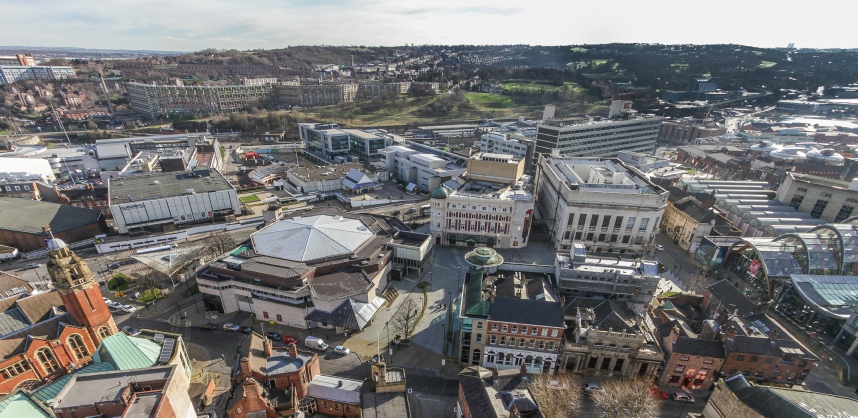 The Crucible and Lyceum Theatres, Central Library, Millennium Galleries and Winter Garden, seen from the top of St Marie's spire.
