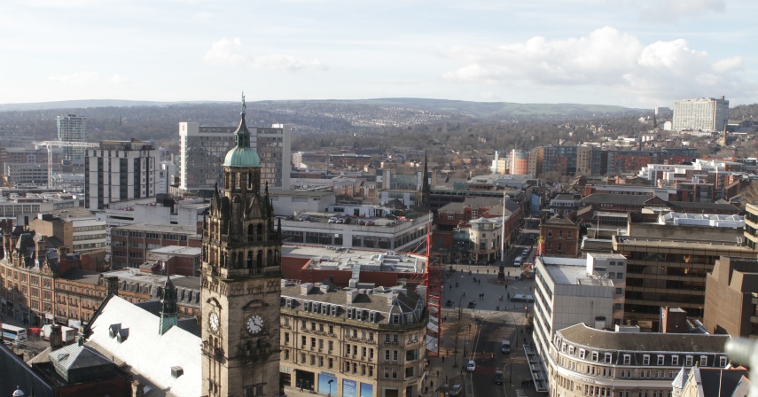 Sheffield Town Hall, Pinstone Street and Barkers Pool, seen from the top of St Marie’s Spire